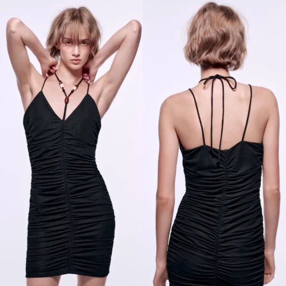ZARA BLACK RUCHED BEADED HALTER TIE CAMI STRAP MINI DRESS SIZE MEDIUM NWT - Picture 1 of 5
